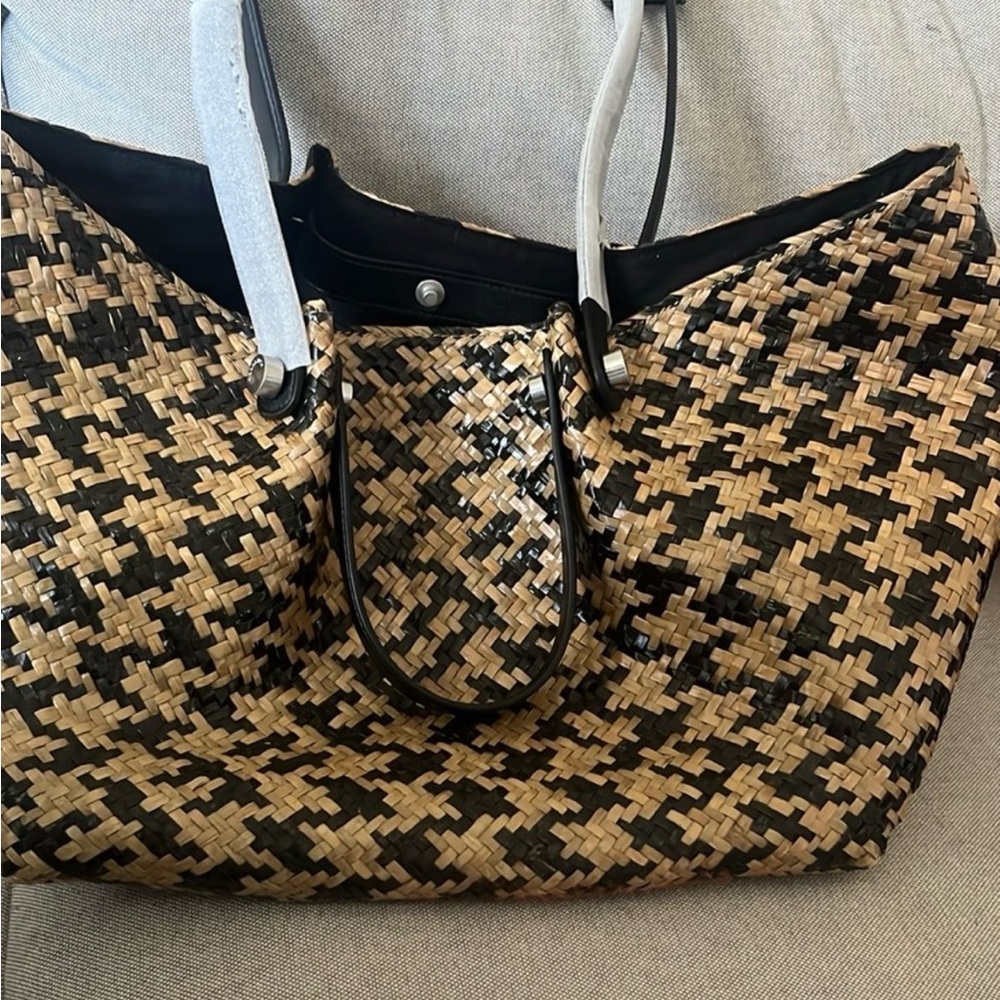 All Saints Woven Straw Tote Bag in Black & Natural.